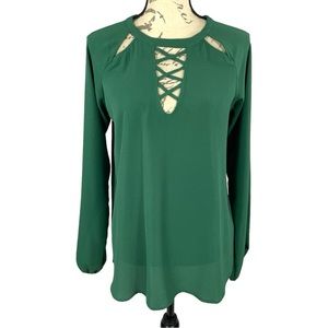 H.I.P. Womens Flowy Criss Cross Front Collar Blouse With Bishop Sleeves Green